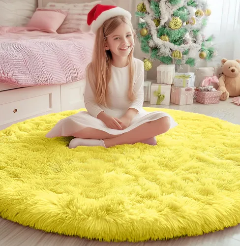 Miniatura 3 de PAGISOFE - Alfombras redondas de 5 pies, alfombras esponjosas amarillas para dormitorio de niñas, alfombra linda para habitación de niñas, alfombra