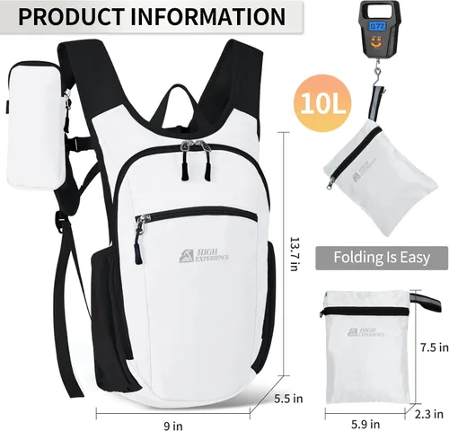 Miniatura 3 de Mochila de senderismo 10L/15L, pequeña, ligera, plegable, para viajes, plegable, resistente al agua, para mujeres y hombres (Blanco, 10L)