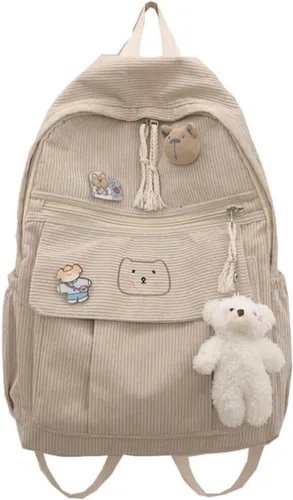 YUESUO Mochila grande de pana Kawaii con bonito colgante de oso, bolsa vintage para niñas, estudiantes, mochila escolar, mochila para libros, Beige