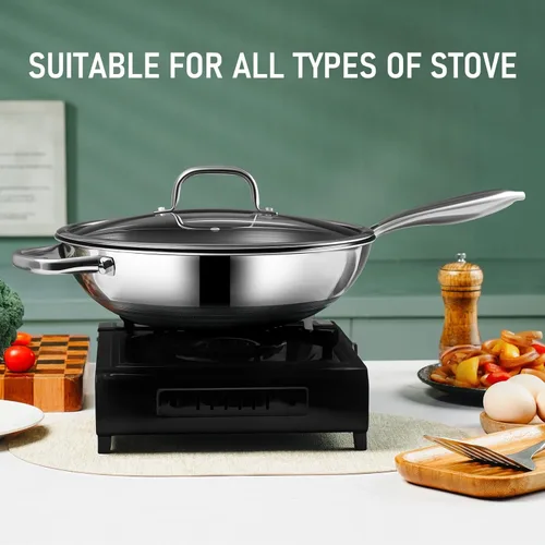 Miniatura 6 de SLOTTET Wok híbrido de 12 pulgadas con tapa, woks antiadherentes de acero inoxidable y sartenes para saltear, mango que se mantiene frío, utensilios