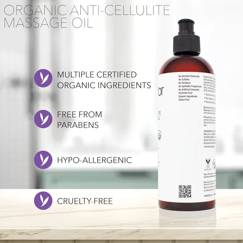 Miniatura 6 de PURA D'OR Aceite de masaje anticelulítico orgánico de 16 onzas para piernas tonificadas y glúteos, cáscara de limón, moringa, semilla de uva, pomelo