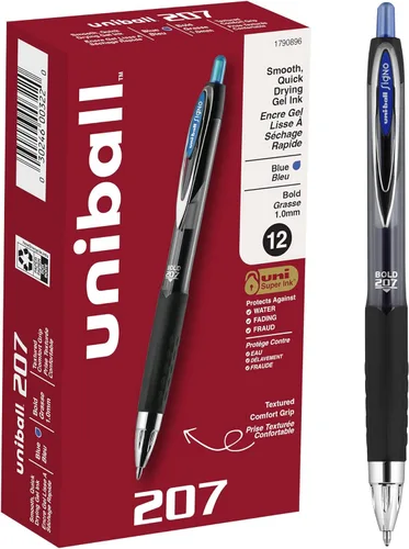 Uni-Ball Signo 207, paquete de 12 bolígrafos de gel azules de 1.0mm con punta gruesa - resistente al agua, escritura suave, agarre cómodo, retráctil