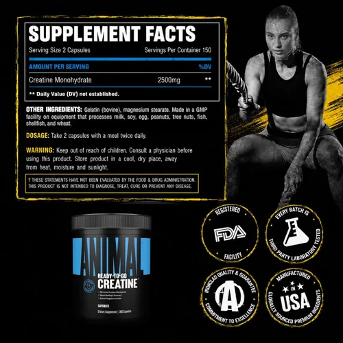 Miniatura 8 de Animal Cápsulas de Monohidrato de Creatina Micronizada - 300 Cápsulas, 2500mg por Porción para Apoyar el Crecimiento Muscular, Resistencia