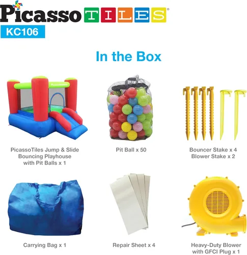 Miniatura 8 de PicassoTiles KC106 Castillo inflable junior de 8x7 pies, parque infantil, casa de rebote y tobogán inflable, casa de juego con tobogán con 50 bolas