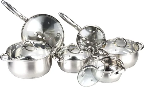 W Home Heim Concept - Juego de utensilios de cocina de acero inoxidable listos para inducción con tapa de vidrio, juegos de utensilios de cocina