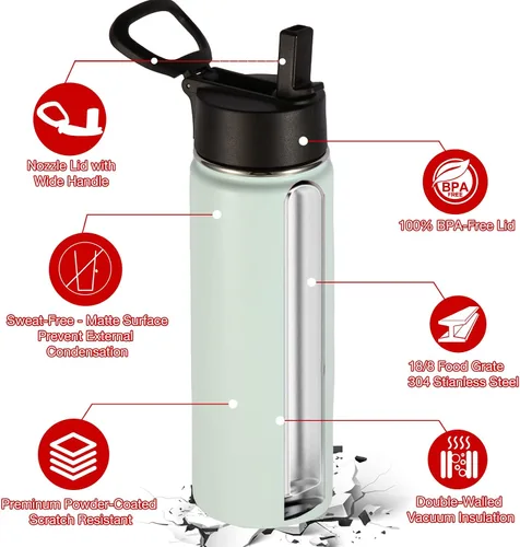 Miniatura 5 de Volhoply Botellas de agua aisladas de 22 onzas con tapa con popote, botella deportiva de acero inoxidable con asa, tazas de agua de metal al vacío