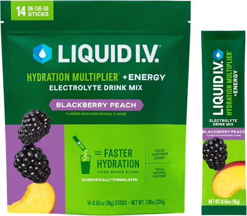 Liquid I.V.® Multiplicador de Hidratación +Energía | Mora-Durazno | Mezcla de Bebida en Polvo con Electrolitos | 1 Paquete (14 Porciones)