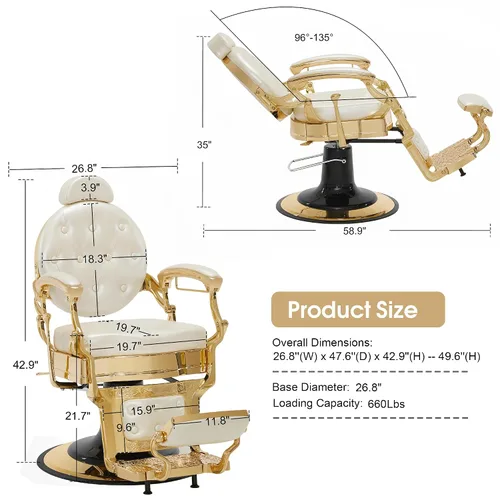 Miniatura 3 de BarberPub Silla de peluquero resistente para hombres con reposacabezas, sillas reclinables hidráulicas de metal antiguo multiusos, equipo de Blanco