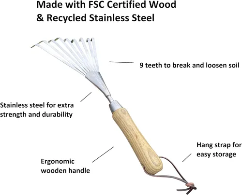 Miniatura 2 de Garden Guru - Rastrillo de mano ecológico, 100% acero inoxidable reciclado, resistente a la corrosión, mango ergonómico de madera certificado FSC