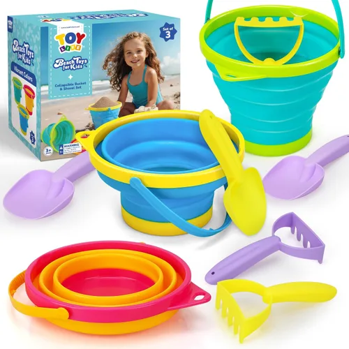 TOY Life Juego de 9 cubos de arena con 3 cubos de playa plegables, 3 palas y 3 rastrillos, juguetes de playa para niños pequeños de 4 a 8 años para