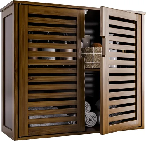 Miniatura 12 de HITNET Gabinete de almacenamiento de baño negro, gabinete de medicina colgante con estante ajustable, organizador de ahorro de espacio de bambú