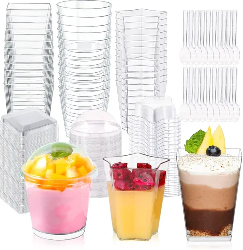 Miniatura 8 de Paquete de 360 tazas de postre de 5 onzas y 6 onzas con tapas y cucharas, 3 estilos de vasos de plástico transparente para aperitivos, desechables