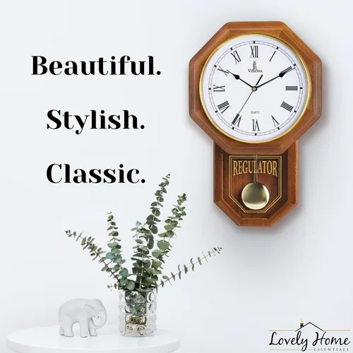Miniatura 9 de Reloj de pared de péndulo a pilas, reloj regulador de madera real, diseño de casa escolar con péndulo, silencioso, sin timbre, decoración de pared
