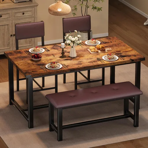 Miniatura 8 de Juego de mesa de comedor de madera Garvee para 4, mesa de cocina y 2 sillas tapizadas con banco, juego de comedor rectangular, para espacios Mármol