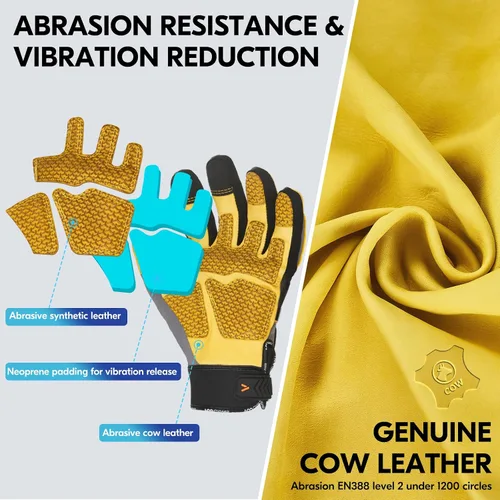 Miniatura 2 de Vgo... Guantes de trabajo de cuero de vaca para hombre, guantes de jardinería de cuero, guantes de protección para el patio, guantes de protección