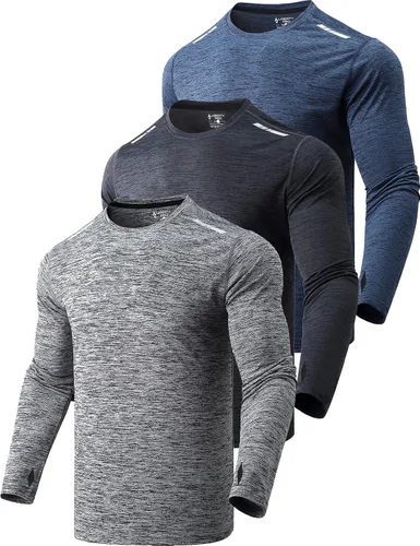 Paquete de 3 camisetas de manga larga para hombre, ajuste seco, casual, senderismo, rendimiento, atléticas, activas, con agujeros para el pulgar