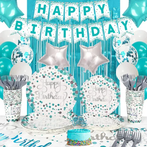 ssailue decor Suministros de fiesta de cumpleaños azul turquesa para 20 invitados: platos, vasos, servilletas, globos, pancarta, banda, adorno de
