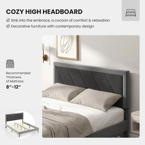 Miniatura 5 de Giantex Base de cama de terciopelo de tamaño matrimonial con cabecero, moderna plataforma tapizada, base de colchón con 12 listones de madera