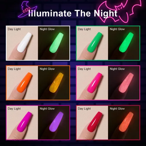 Miniatura 3 de RARJSM Juego de 6 esmaltes de uñas de gel que brillan en la oscuridad, color verde fluorescente, naranja, rosa intenso, morado, rojo, efecto