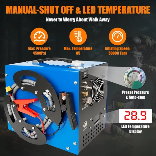 Miniatura 5 de Compresor de aire PCP, 4500Psi/30Mpa, motor de 350 W, diseño portátil único vertical+carrete de alambre, parada automática, sin aceite/agua