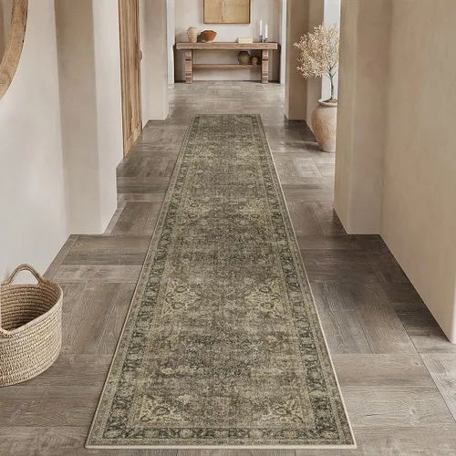 Miniatura 55 de Alfombra de área marrón lavable de 2 x 3 pies, alfombra vintage para entrada y cocina, antideslizante, suave, de pelo bajo desgastado, alfombra