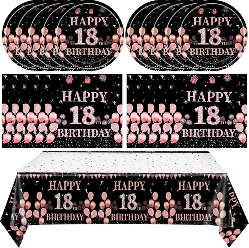 Miniatura 12 de 41 piezas de decoraciones de 90 cumpleaños para mujeres, platos y servilletas de 90 cumpleaños en negro y oro rosa, juego de vajilla de feliz