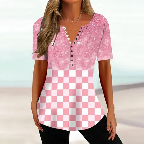Miniatura 34 de Summer Shirts for Women 2025 Plus Size Short Sleeve Henley Tops Marble Floral Loose Tshirt Tee Casual Dressy Tunics