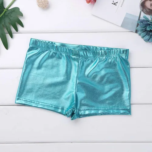 Miniatura 4 de iiniim Kids Girls - Conjunto de dos piezas de gimnasia, deportes y danza deportiva brillante con pantalones cortos para bailar