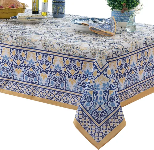 Miniatura 7 de Home Bargains Plus Mantel rectangular de tela, 60 x 102 pulgadas, estampado floral amarillo y azul, para interiores y exteriores, resistente a