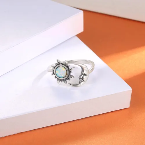 Miniatura 2 de Anillo de ópalo con sol y luna ajustable, plata de ley 925, con cara de luna creciente, regalo de joyería vintage para mujer