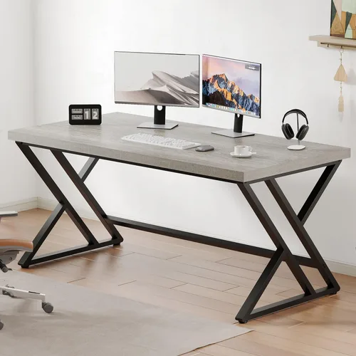 Miniatura 11 de LVB Escritorio Moderno Blanco para Computadora, Escritorio Industrial Largo para Oficina en Casa para Estudiante, Escritorio Grande de Metal y Roble