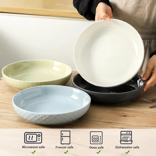 Miniatura 6 de HASENSE Tazones de cerámica para pasta, 42 onzas, juego de 4, cuencos grandes para servir, platos de cerámica en relieve anchos y poco profundos