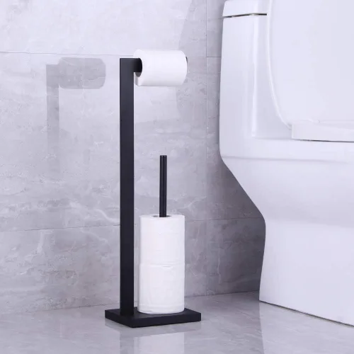 Miniatura 7 de Soporte para papel higiénico negro mate, soporte para rollo de papel higiénico con reserva de estante, organización portátil de almacenamiento