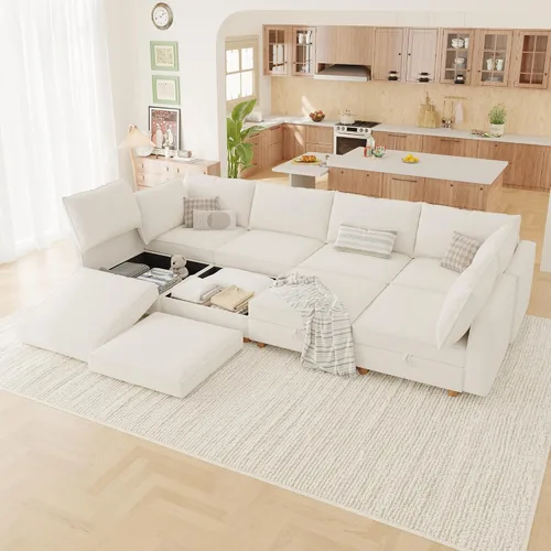 Miniatura 14 de 95.5" Sofá seccional modular de chenilla con almacenamiento oculto, sofá cama convertible en forma de L y U, sofá seccional moderno de 6 plazas