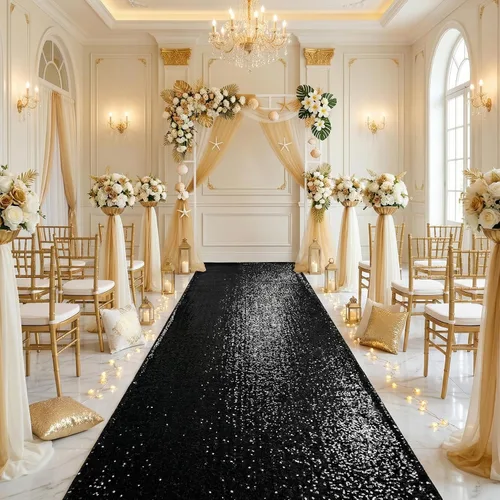Miniatura 11 de Alfombra de pasillo de 2 x 15 pies para fiesta, alfombra de lentejuelas negras para decoración de baile de graduación, banquete brillante