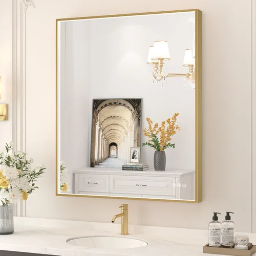 Miniatura 31 de Espejo de baño LED de 24x32 pulgadas con luces, espejo LED con marco de metal negro para baño, 3 colores y luz regulable sin escalones montada