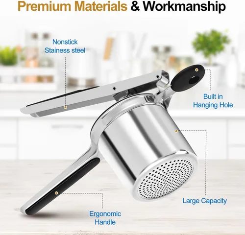 Miniatura 2 de AHFLRITO Ricer de patatas, Ricer resistente para puré de patatas, Triturador de patatas grande de acero inoxidable con mango ergonómico, eficiente