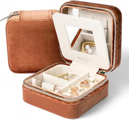 Miniatura 26 de BLUTETE Organizador de Joyería de Viaje Caja de Terciopelo de Viaje con Espejo Caja Organizadora de Anillos, Aretes y Collares (Rosa Berry)