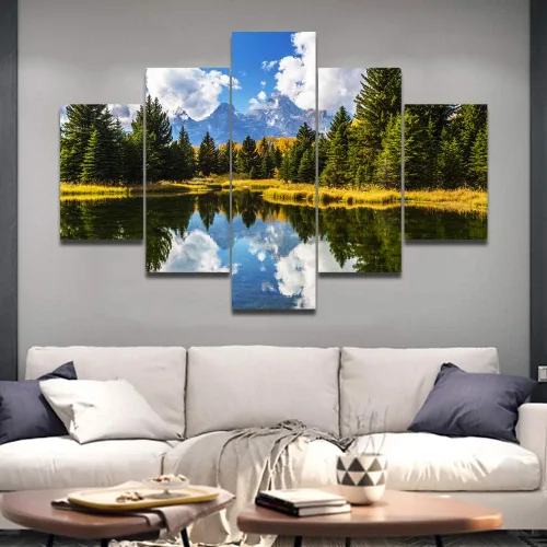 Miniatura 4 de TUMOVO Lienzo decorativo para pared de sala de estar, 5 paneles de naturaleza, Alaska, Estados Unidos, autopista alrededor de montañas, paisaje