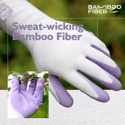 Miniatura 3 de Guantes de jardinería Brigic, fibra de bambú, táctiles, transpirables, recubiertos de goma, verde y púrpura, de S a XL