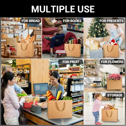 Miniatura 4 de EUSOAR Bolsas de papel kraft para compras, 50 unidades, 10.6 x 3.1 x 8.3 pulgadas, bolsas de regalo de papel kraft marrón con asas, bolsa con asa al