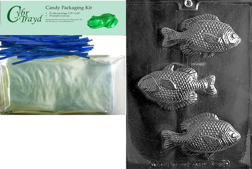 Cybrtrayd Molde de pescado grande para caramelo de chocolate náutico con paquete de embalaje, incluye 25 bolsas de violonchelo, 25 lazos azules
