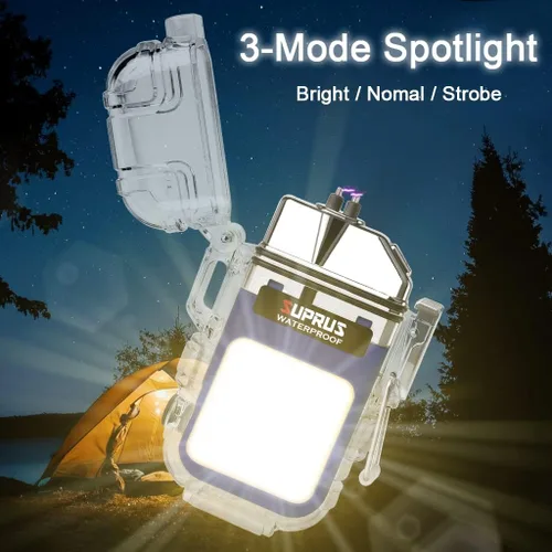Miniatura 3 de SUPRUS Impermeable 3 modos de linterna a prueba de viento, encendedor de doble arco eléctrico recargable de plasma de doble arco con silbato de Azul