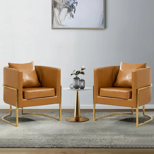 Miniatura 33 de Silla moderna de cuero, sillón tapizado de mediados de siglo con almohada para sala de estar, cómoda silla de tocador individual con patas doradas