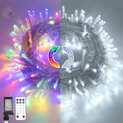 Miniatura 38 de JMEXSUSS Luces rojas blancas y azules con cable transparente, 66 pies, 200 luces LED para decoración del 4 de julio, luz de Navidad para celebración