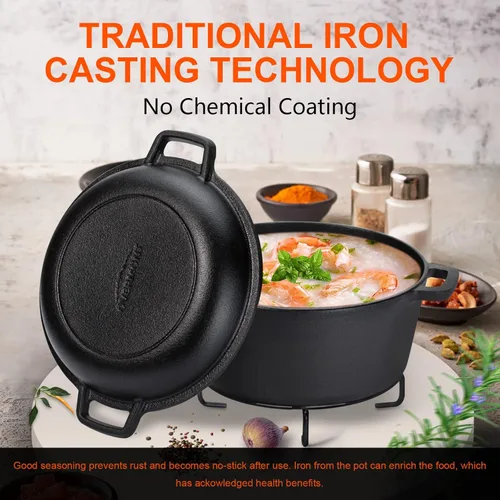 Miniatura 7 de Overmont Olla holandesa 2 en 1 de hierro fundido pre-curada con tapa de sartén para inducción, eléctrico, parrilla, cocina, barbacoa, campamento