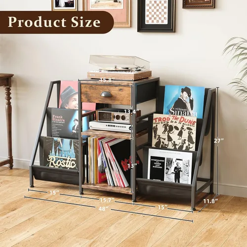Miniatura 2 de Soporte para tocadiscos con cajón, mesa para tocadiscos con almacenamiento de discos de vinilo de hasta 280 álbumes, soporte giratorio con estante