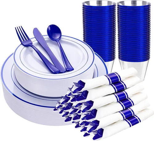 Miniatura 14 de WELLIFE 350 platos de plástico dorado transparente, 100 platos desechables, 150 cubiertos de plástico, 50 tazas, 50 servilletas para bodas y fiestas