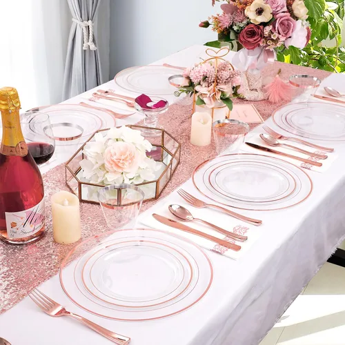 Miniatura 8 de Juego de vajilla de 350 piezas de color oro rosa de DaYammi – Incluye: 50 platos de cena de 26 cm, 50 platos de postre de 19 cm, 50 cubiertos de oro