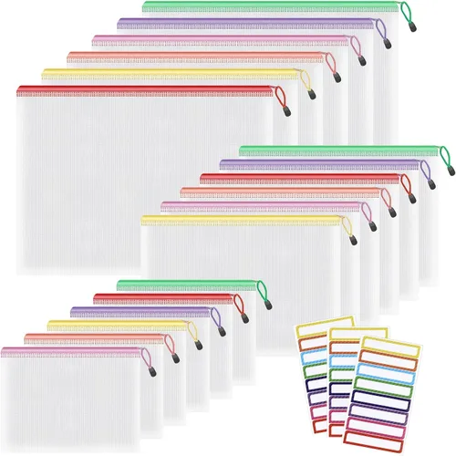 Umriox Bolsas de malla con cremallera, A3+A4+A5, (6 colores, 18 paquetes), bolsas transparentes con cremallera, bolsas impermeables con cremallera